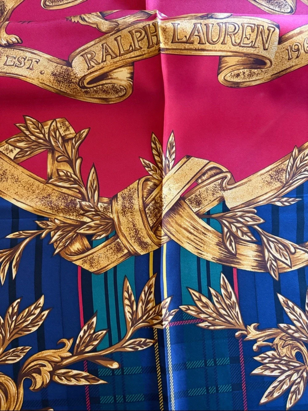 Vintage Ralph Lauren Gold and Red Double Lion Silk Scarf — Gold,NavyRed & Green